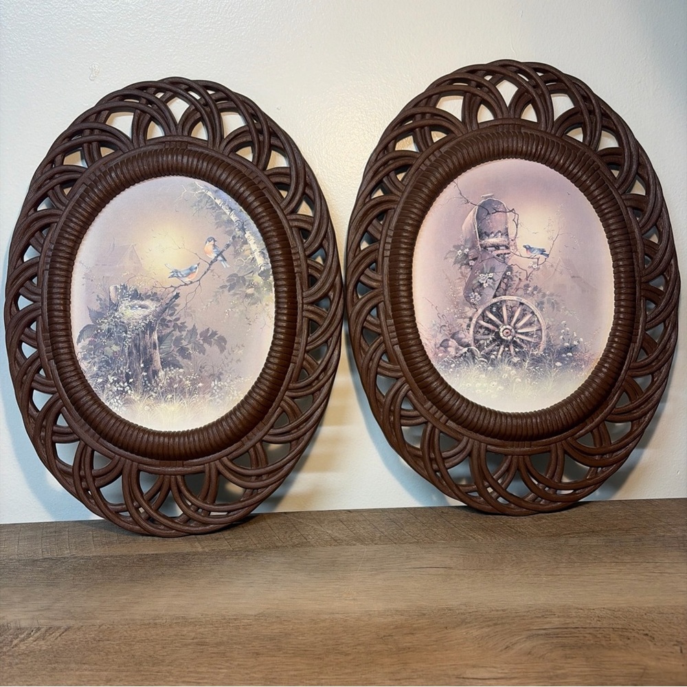 Vintage Brown Woven Style Burwood Wall Hanging Country Cottage Farm Set Of 2